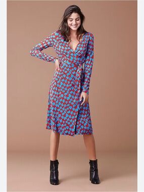DIANE VON FURSTENBERG Blue & Red Midi Floral Wrap Dress - Women's Long Sleeve